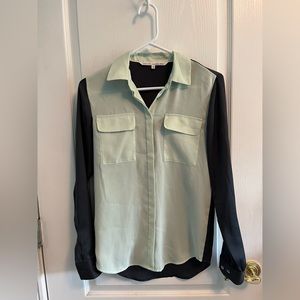 Rachel Roy Mint Green and Grey Button Up Long Sleeve Blouse